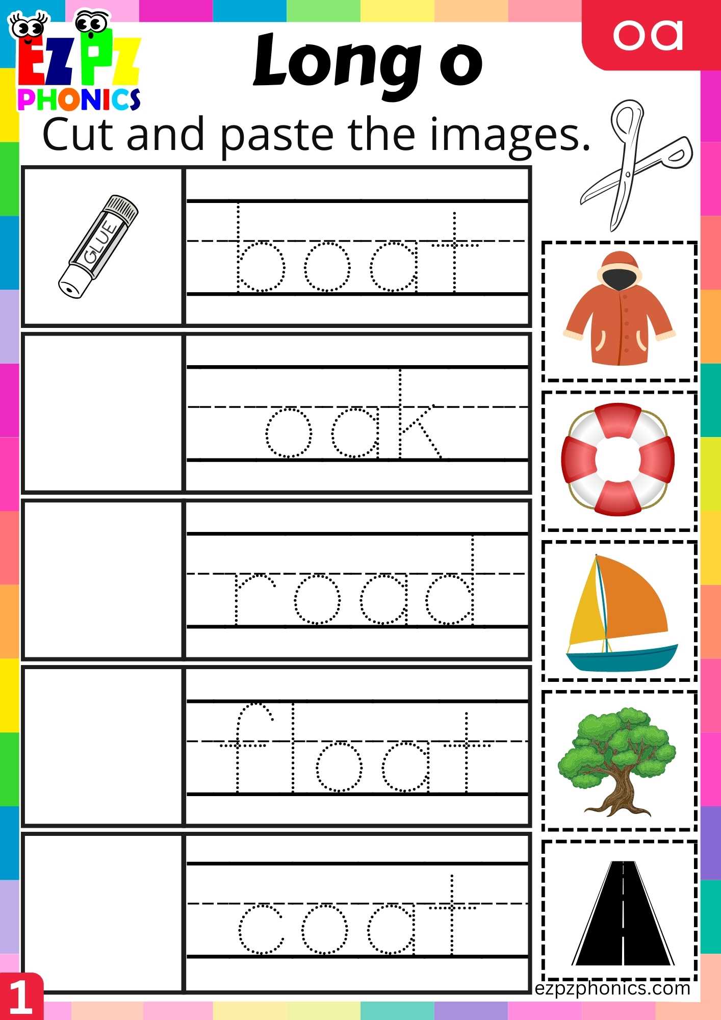 Group1 OA Words Cut And Paste The Images Long O Phonics Worksheet